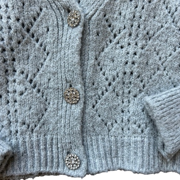 Anthropologie Maeve gray pointelle knit cardigan jewel rhinestone buttons small - Picture 5 of 8